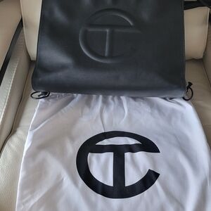 Telfar Black Leather Tote with Embossed Logo